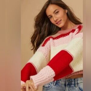 Altar'd State Red White Pink Colorblock Cropped Crewneck Sweater